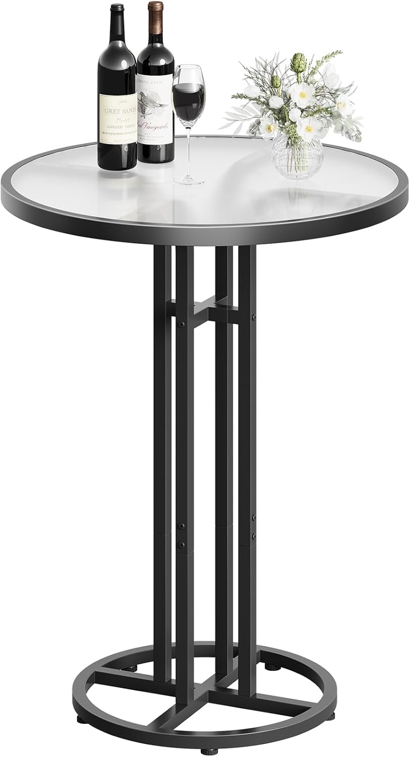 HOOBRO Bar Table, 23.6-Inch Round Pub Table, Frosted Glass Cocktail Table with Sturdy Iron Frame & Adjustable Feet, Modern Minimalist Small Coffee for Home Bar, Kitchen, Living Room, Black BK96BT01