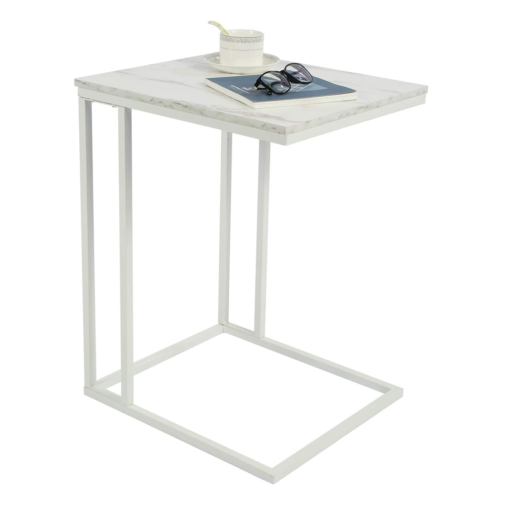 Function Home C Shaped End Table, Small Side Tables for Sofa Bed, Couch Tables That Slide Under, Drink Snack Table for Living Room Bedroom Small Space, White Wood Top and Gold Metal Frame