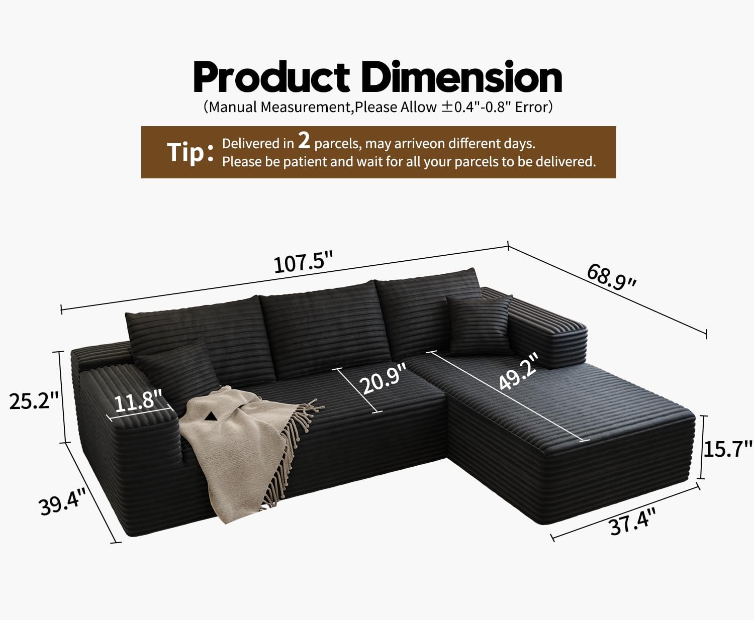 107.5" Cloud Sectional Couch with L-Shape Chaise,Modern Modular Sofa with Deep Seat, Upholstered Couches for Living Room Bedroom Apartments,No Assembly Required, (Black,Right Facing Chaise)