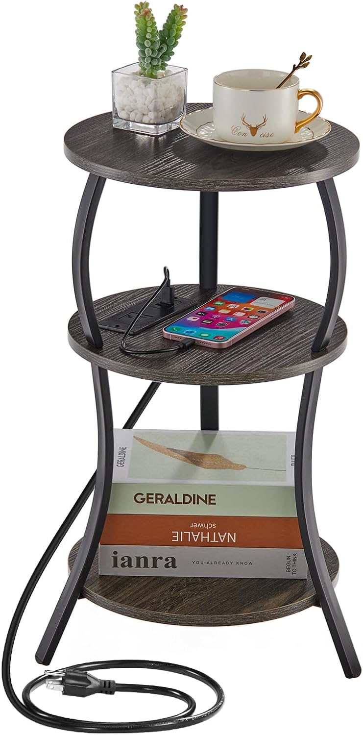 Vintage Small Round Side Table, 3-Tier Slim Waist Circular End Table with Storage Shelf, Compact Tea Sofa Table, Round Corner Coffee Table Nightstand for Living Room Bedroom Small Spaces,Rustic Brown