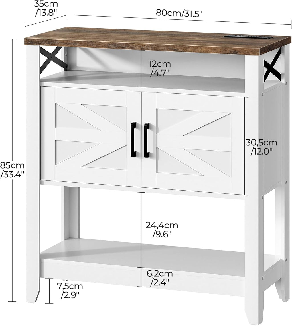 Console Table, Farmhouse Sofa Table with Power Outlet, Entryway Table with Cabinet and Open Shelves, Coffee Bar Cabinet with Storage for Entrance, Hallway, Kitchen, White and Walnut MXG01UWL