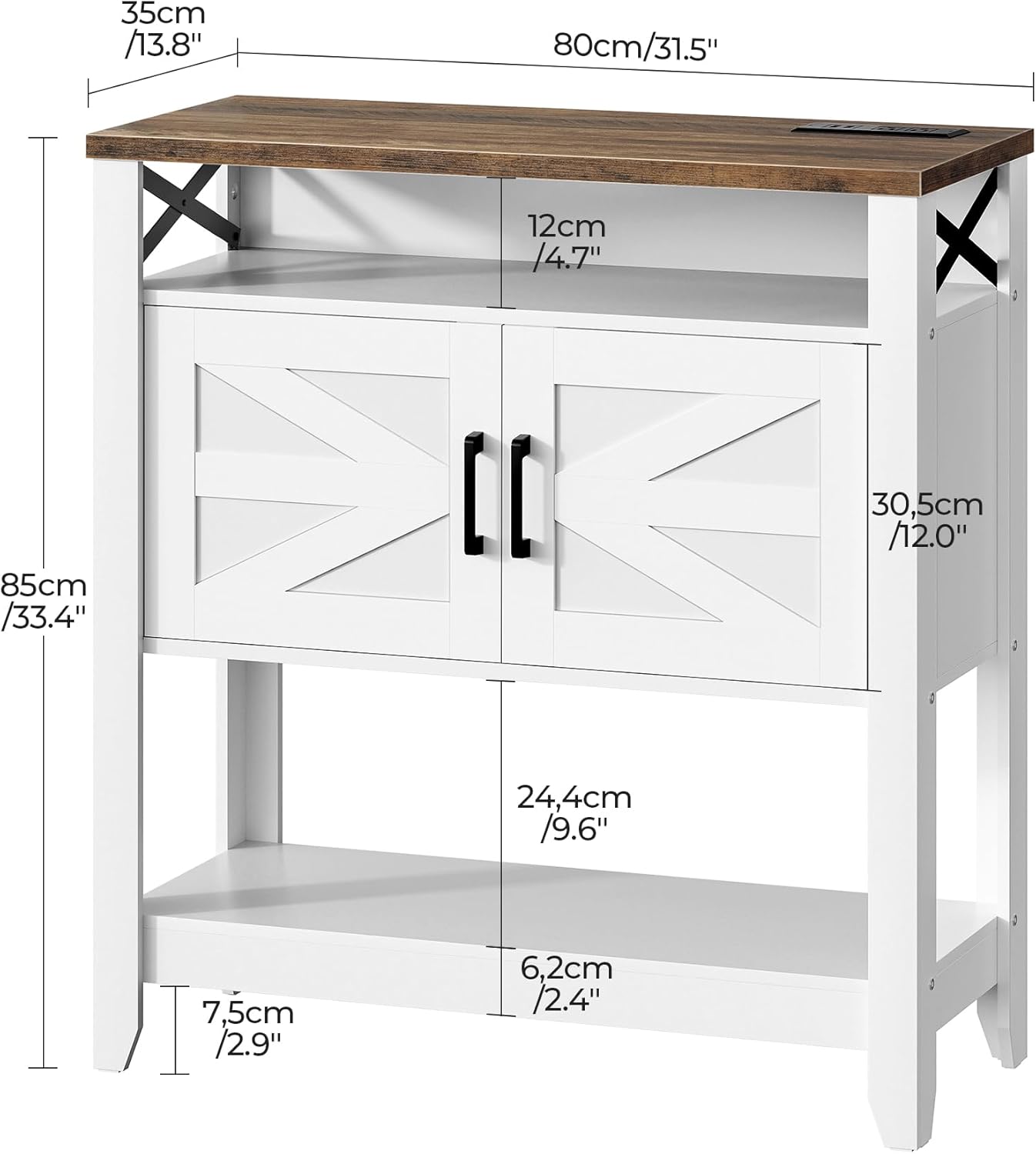 Console Table, Farmhouse Sofa Table with Power Outlet, Entryway Table with Cabinet and Open Shelves, Coffee Bar Cabinet with Storage for Entrance, Hallway, Kitchen, White and Walnut MXG01UWL