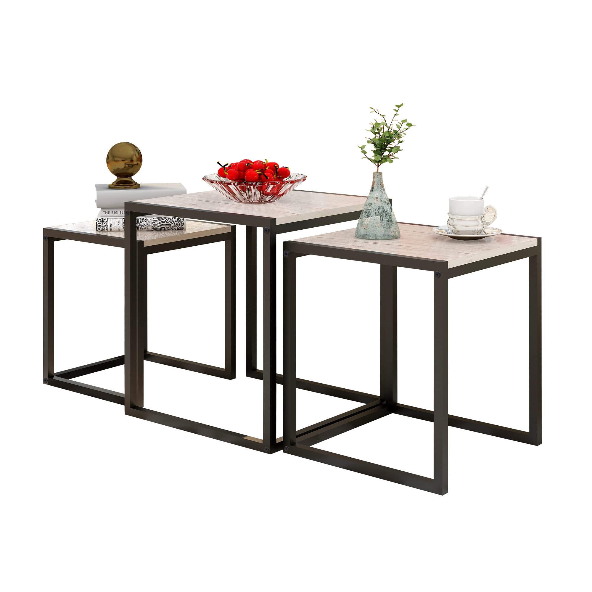 Nesting Table Set of 3 Side Tables, Modern Coffee Table Stacking End Table with Metal Frame (A-Square, Grey)