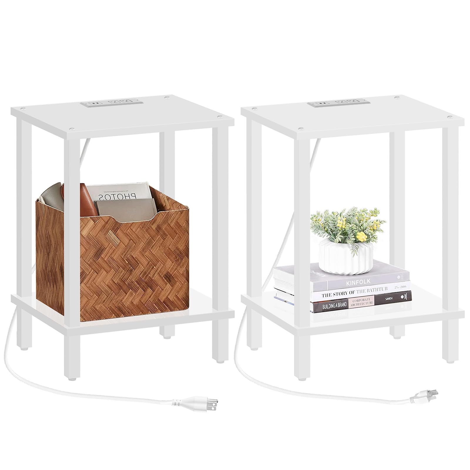 TUTOTAK End Table with Charging Station, Side Table with USB Ports and Outlets, Nightstand, 2-Tier Storage Shelf, Sofa Table for Small Space TB01BB040