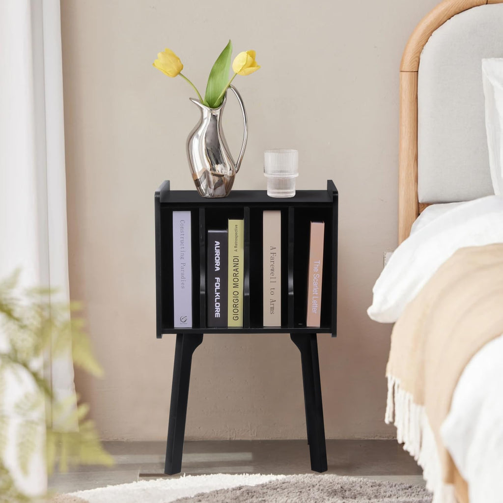 Urban Deco Wooden Nightstand, End Table with 4 Storage Cabinet, Bedside Table with Legs, Side Coffee Table Suit for Small Space and Bedroom, Black