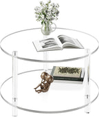 Acrylic Round Coffee Table, 23.6" Wide Modern Tea Table with Storage Shelf, 2-Tier Circle Center Table for Living Room, Office Reception and Apartment (Clear)