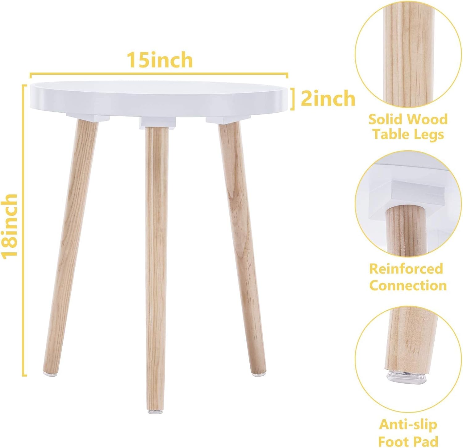 Apicizon Round Side Table, White Tray Nightstand Coffee End Table for Living Room, Bedroom, Small Spaces, Easy Assembly Bedside Table, 15 x 18 Inches