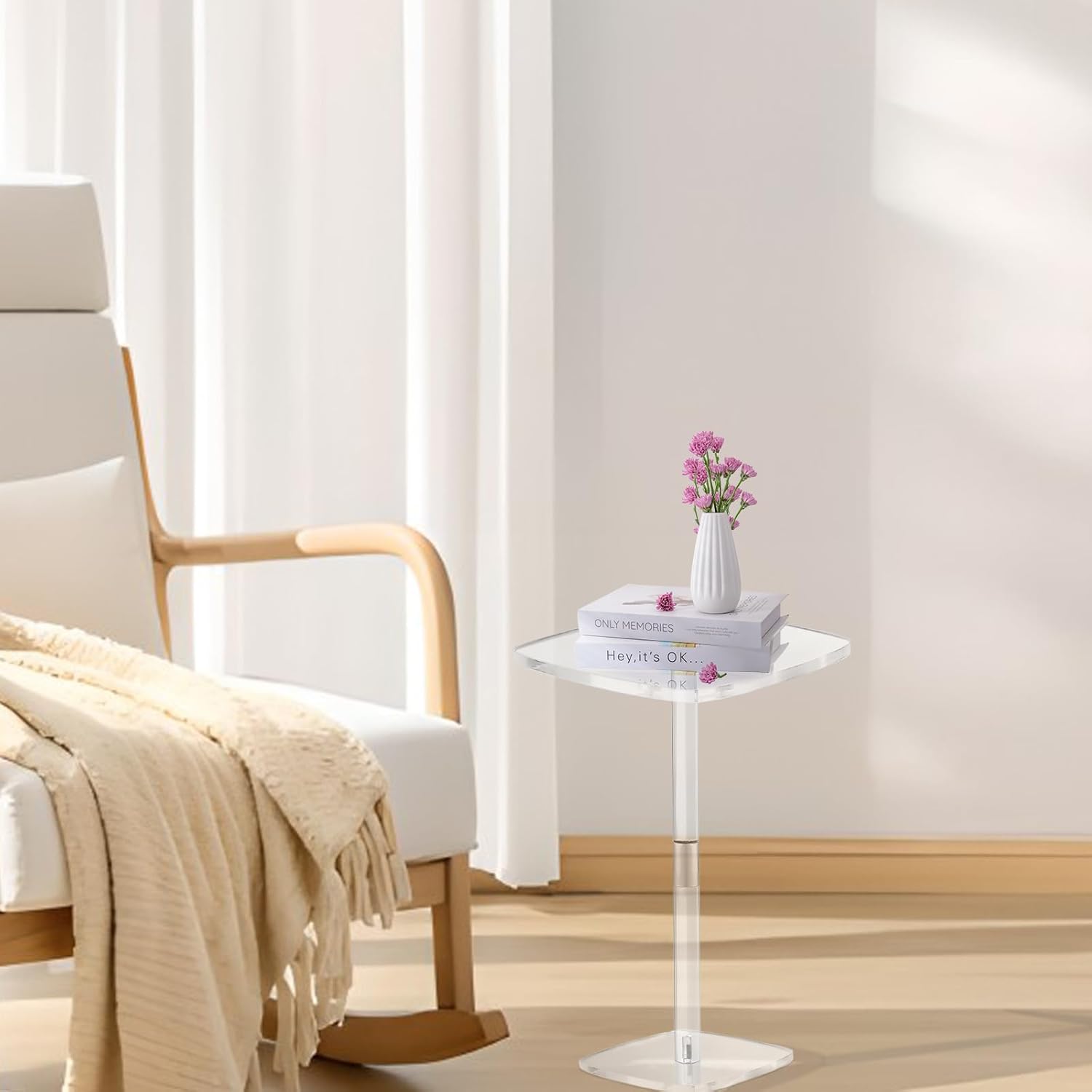 Square Drink Table, Acrylic Side Table for Small Spaces, Clear Pedestal Side Table, Cocktail Martini Table for Living Room, Bedroom, Sofa, Chair, Easy Assembly