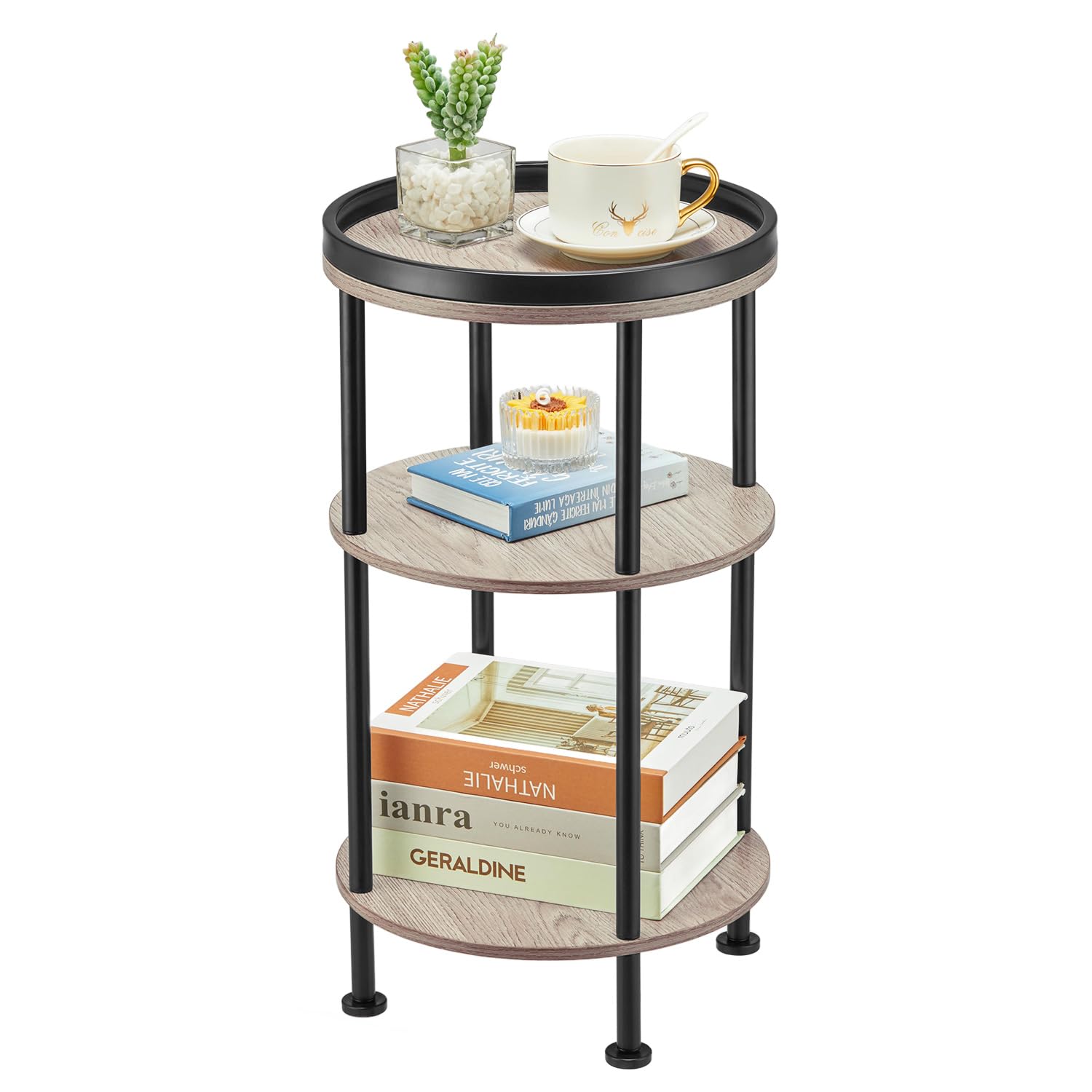 Small Round Side Table for Small Spaces, 3-Tier Round Accent Table Slim Side Table, Modern Sofa Corner Table for Living Room Nightstand Bedroom (Rustic Brown)