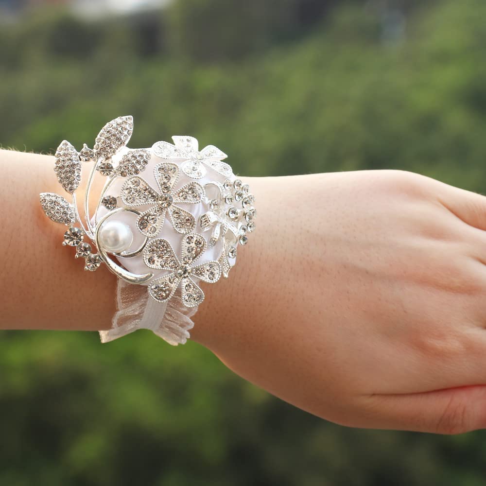 ست مچ‌بند وانلیان با مروارید و نگین، ست گل سینه و گل یقه برای عروسی، مهمانی فارغ‌التحصیلی، مهمانی (نقره‌ای سفید، ۲ قطعه)