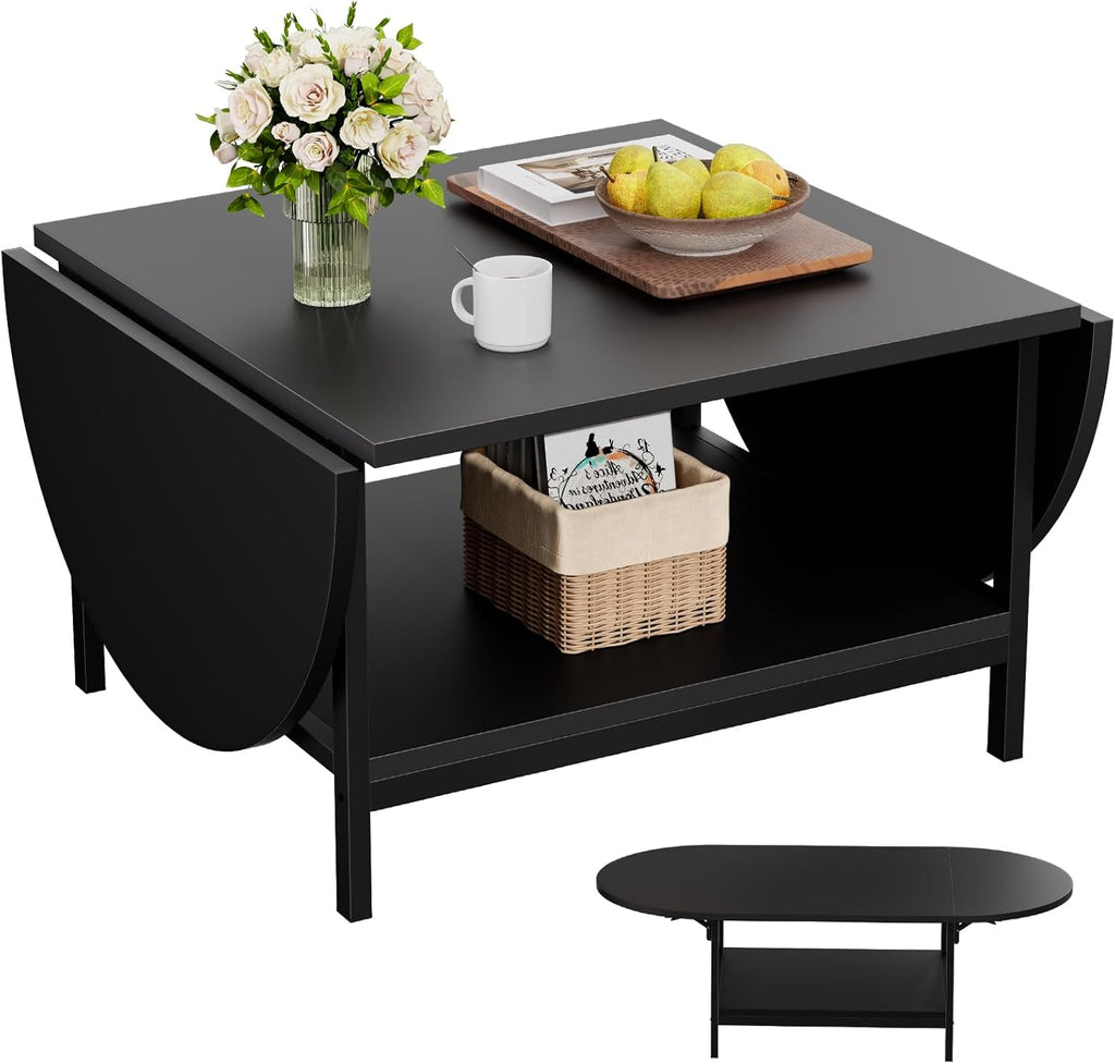 SAYGOER Black Coffee Table Modern Extended Coffee Tables with Storage for Living Room 2-Tier Unique Center Table with Two Folding Panel for Any Large or Small Space,Foldable, All Black