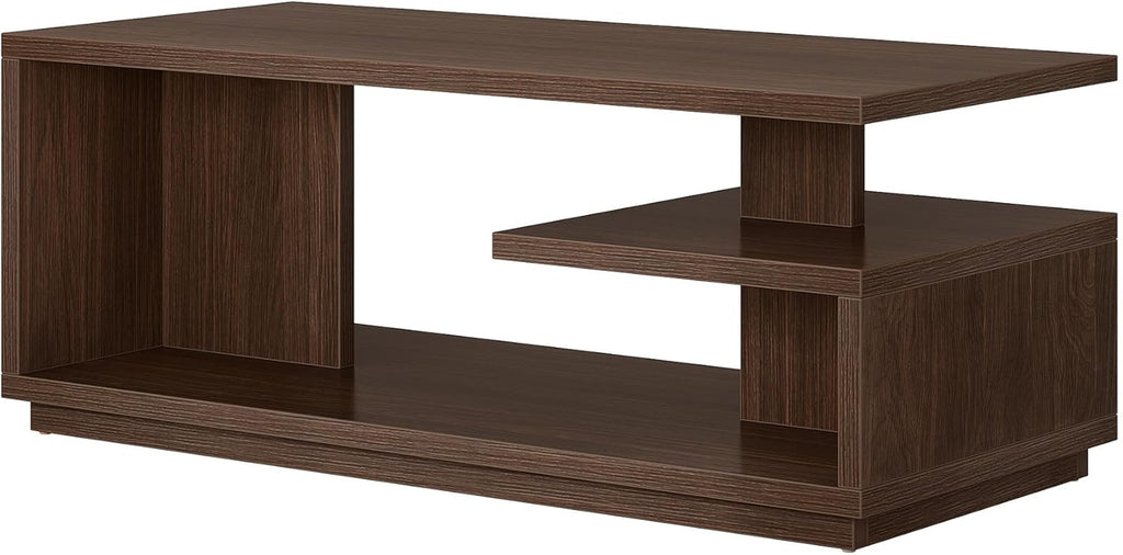 Tribesigns 47.24" Coffee Table with Storage Shelf, Mid-Century Modern Center Table, 3-Tier Rectangle Wooden Tea Table with Thick Base for Living Room, Walnut