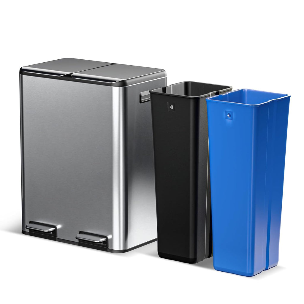 Home Zone Living 16 Gallon Kitchen Trash Can with Dual Compartments for Recycling, Stainless Steel, Silver, 60 Liters Total