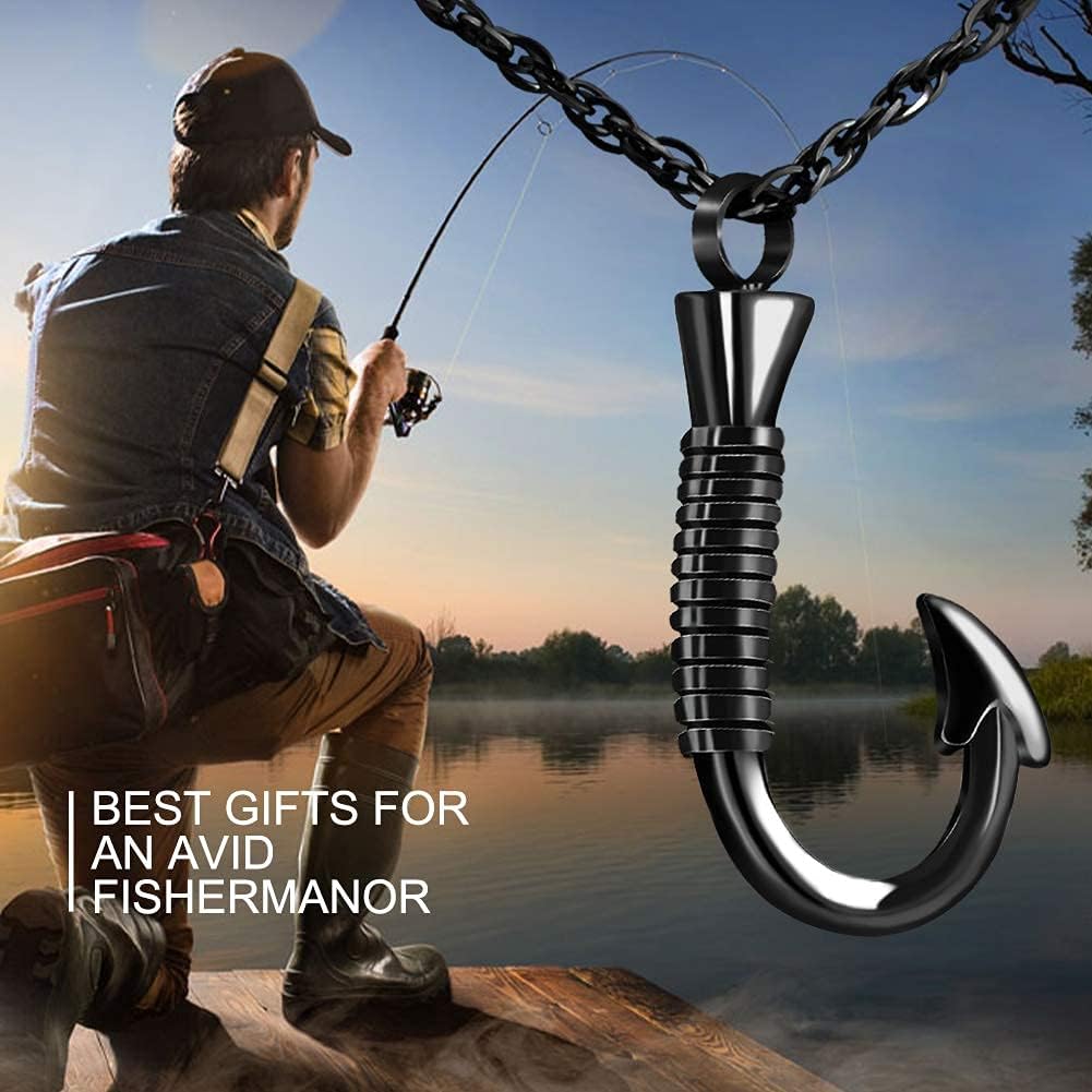 abooxiu Fishing Hook Urn Necklace for Ashes Fish Hook Stainless Steel Cremation Jewelry Memorial Pendant Keepsake for Men