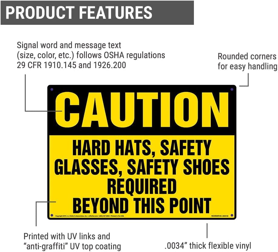 Caution: Hard Hats, Safety Glass, Safety Shoes Required Sign, 14"x10" Aluminum with Rounded Corners for Indoor or Outdoor Use, OSHA Compliant, J. J. Keller & Associates, Inc.