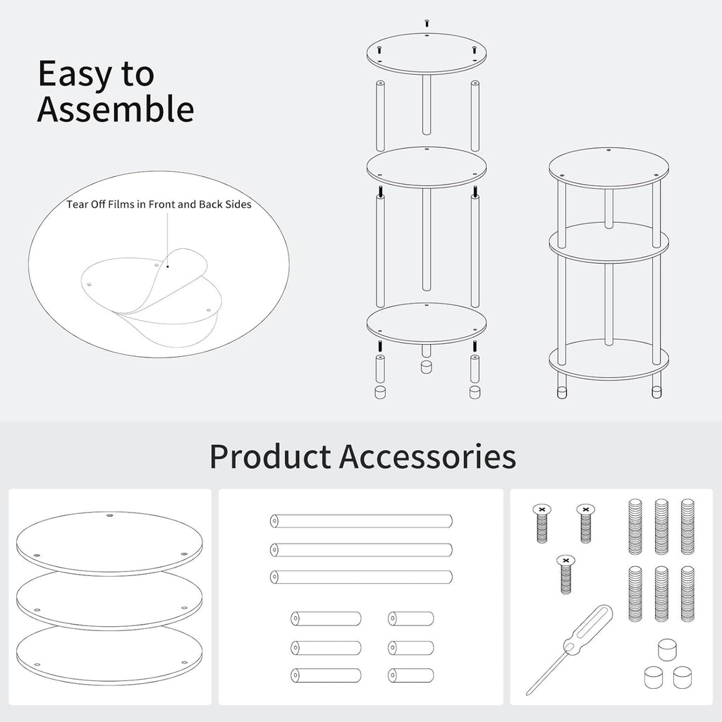 Clear Round Acrylic Side Table for Small Spaces, 11.81" L x 11.81" W x 24.6" H, 3 Tier Small Modern Drink End Table Nightstand, Minimalist Bedside Table for Living Room, Bedroom, Bathroom