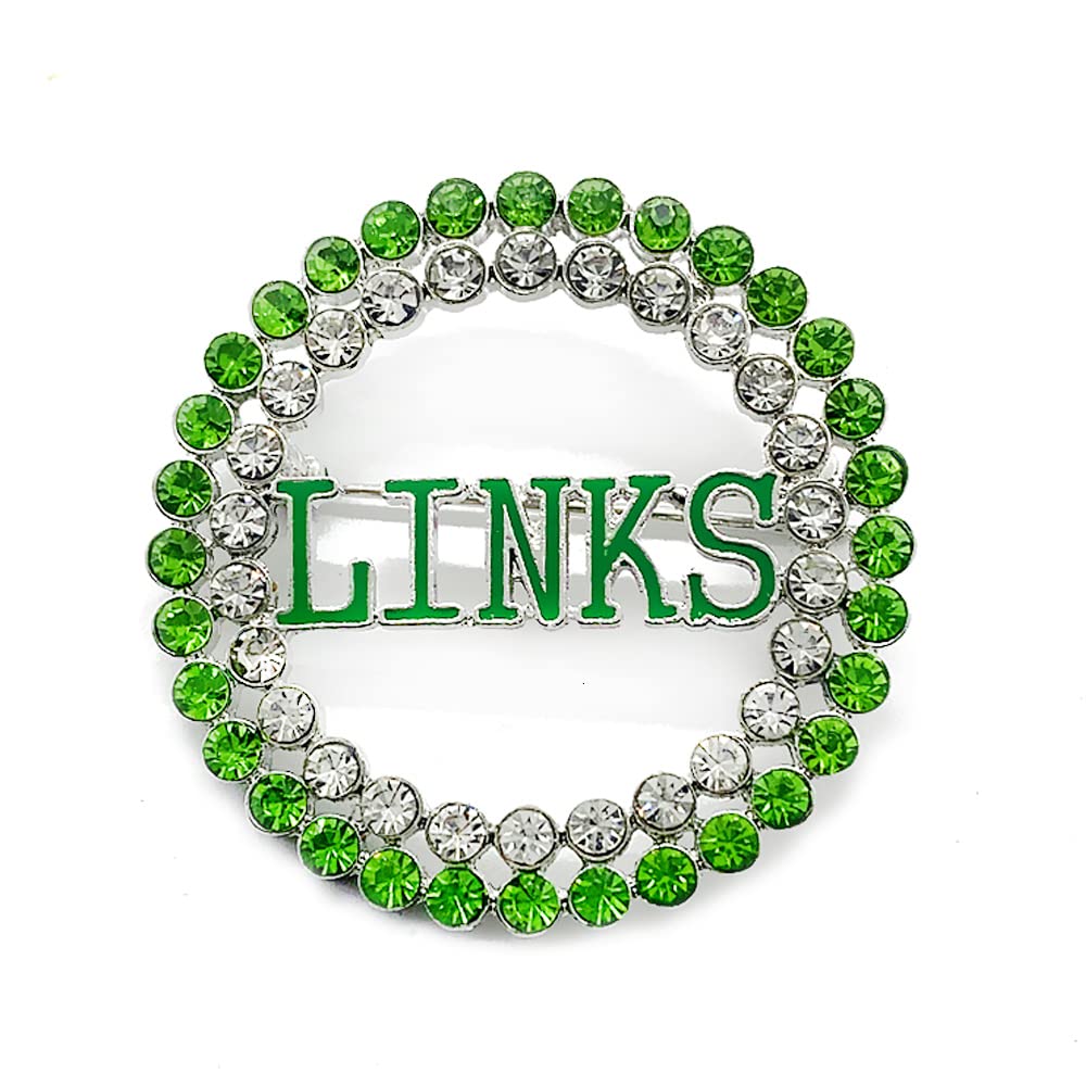 Exquisite green rhinestone inlaid round LINKS letter metal brooch the links incorporated society jewelry pin