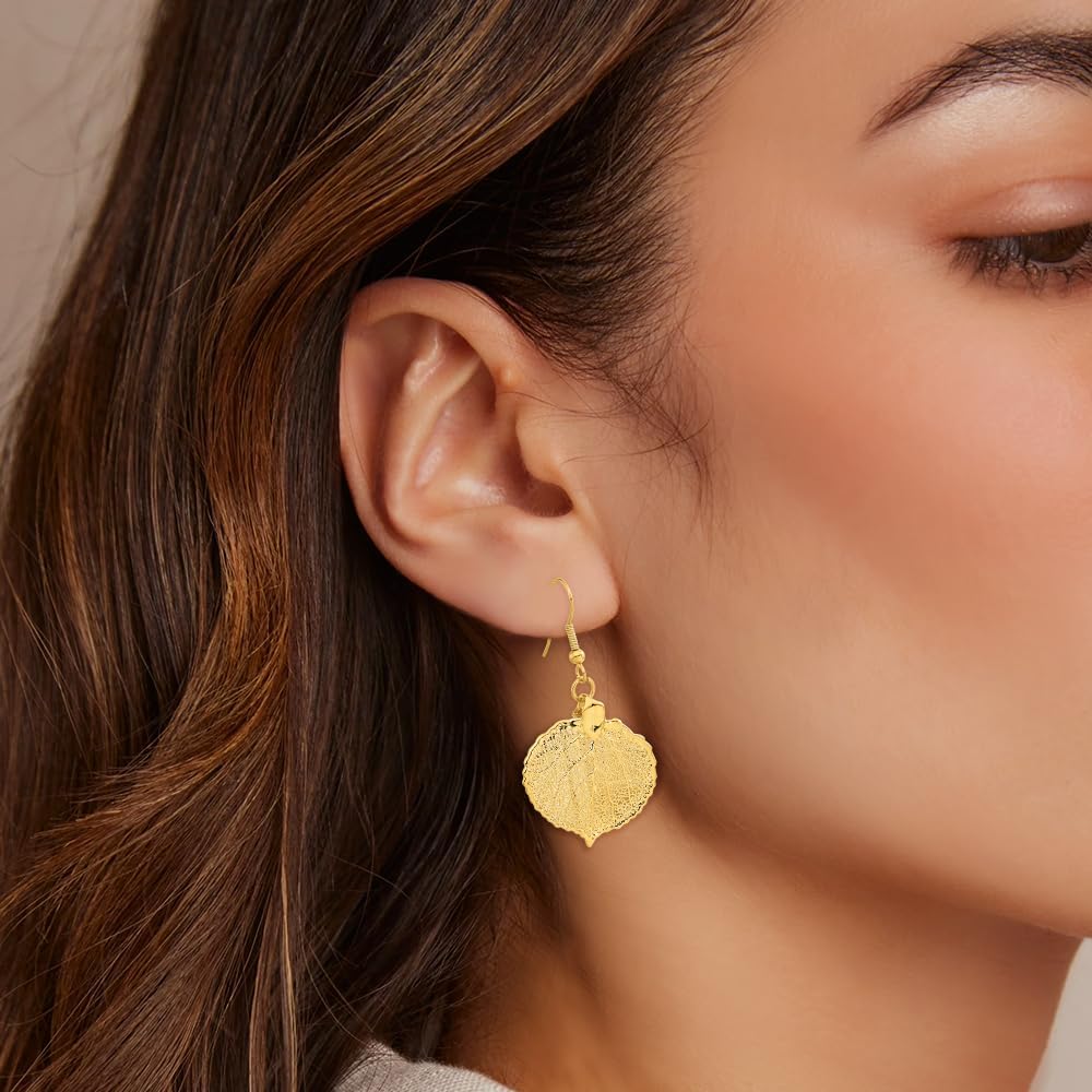 24K Gold-Plated Dipped Aspen Leaf Dangle Earrings (L- 1.82 Inch, W- 1.03 Inch)