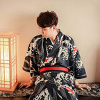 Men's Japanese Traditional Kimono Robe Long Sleeve Spa House Bathrobe Easy Wearing Yukata Sleepwear Nightgown Unisex with OBI Belt Set Navy