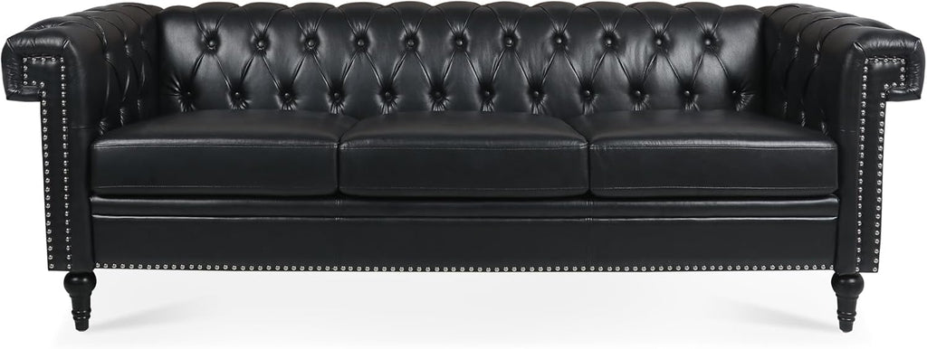 Ball & Cast 83" Chesterfield Leather Sofa with Channel Tufted Seat Back,Removable Square Arm Nailhead Trim Classic 3 Seater Couch,Mid Centuryfor Living Room,Bedroom,Office,Black PU