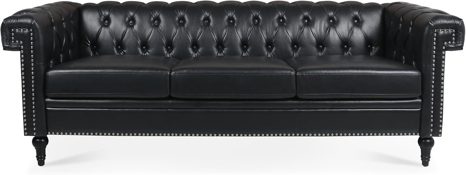 Ball & Cast 83" Chesterfield Leather Sofa with Channel Tufted Seat Back,Removable Square Arm Nailhead Trim Classic 3 Seater Couch,Mid Centuryfor Living Room,Bedroom,Office,Black PU