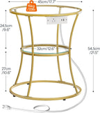HOOBRO Round Coffee End Table with Charging Station, 2-Tier Small Accent Side Table with Glass Top, Round Nightstand for Small Space in Living Room, Bedroom, Gold GD83UBZ01