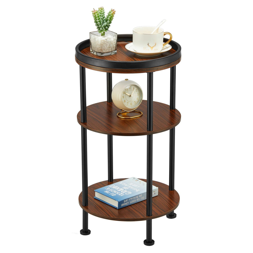 Small Round Side Table for Small Spaces, 3-Tier Round Accent Table Slim Side Table, Modern Sofa Corner Table for Living Room Nightstand Bedroom (Rustic Brown)