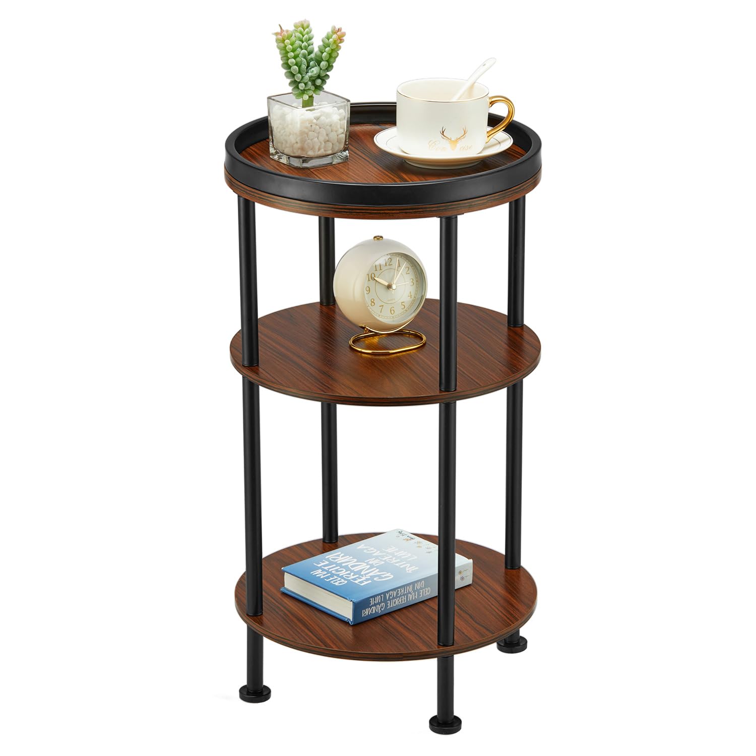 Small Round Side Table for Small Spaces, 3-Tier Round Accent Table Slim Side Table, Modern Sofa Corner Table for Living Room Nightstand Bedroom (Rustic Brown)