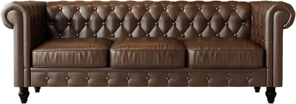 Leather Brown Sofa for Living Room Chesterfield 3 Seater Couch Sofa Comfortable Soft Sturdy Durable Furniture for Office Bedroom Apartment Hotel Place (03-Brown-80)