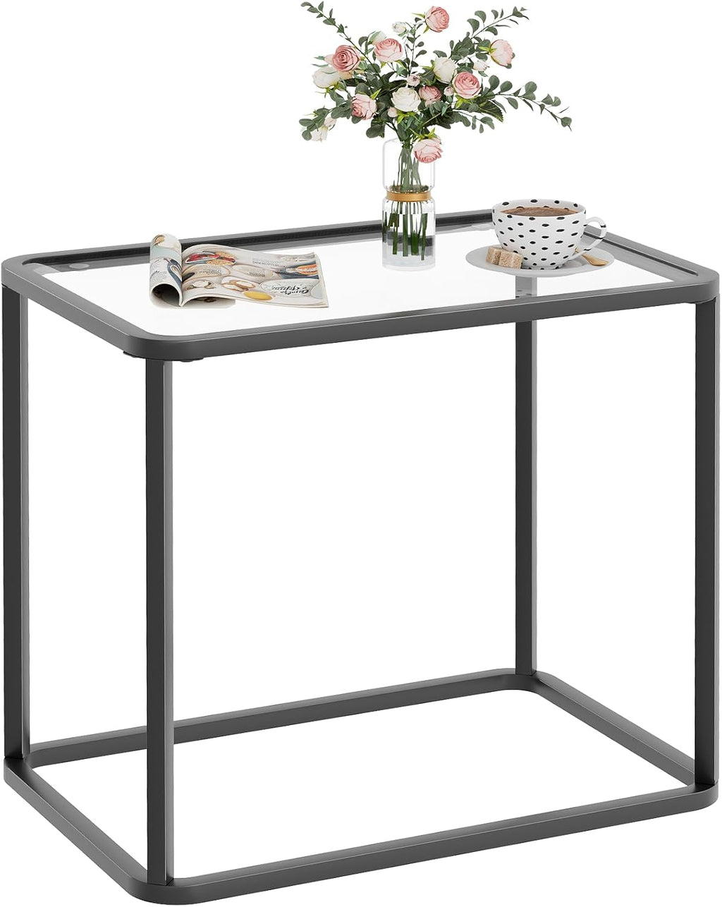 Garden 4 you Glass Side Table, Rectangle End Table with Metal Frame, Modern Bedside Table for Office, Bedroom, Living Room, Study, Small Spaces,Easy Assembly,23.6x15.7x20.8 Inches,Black