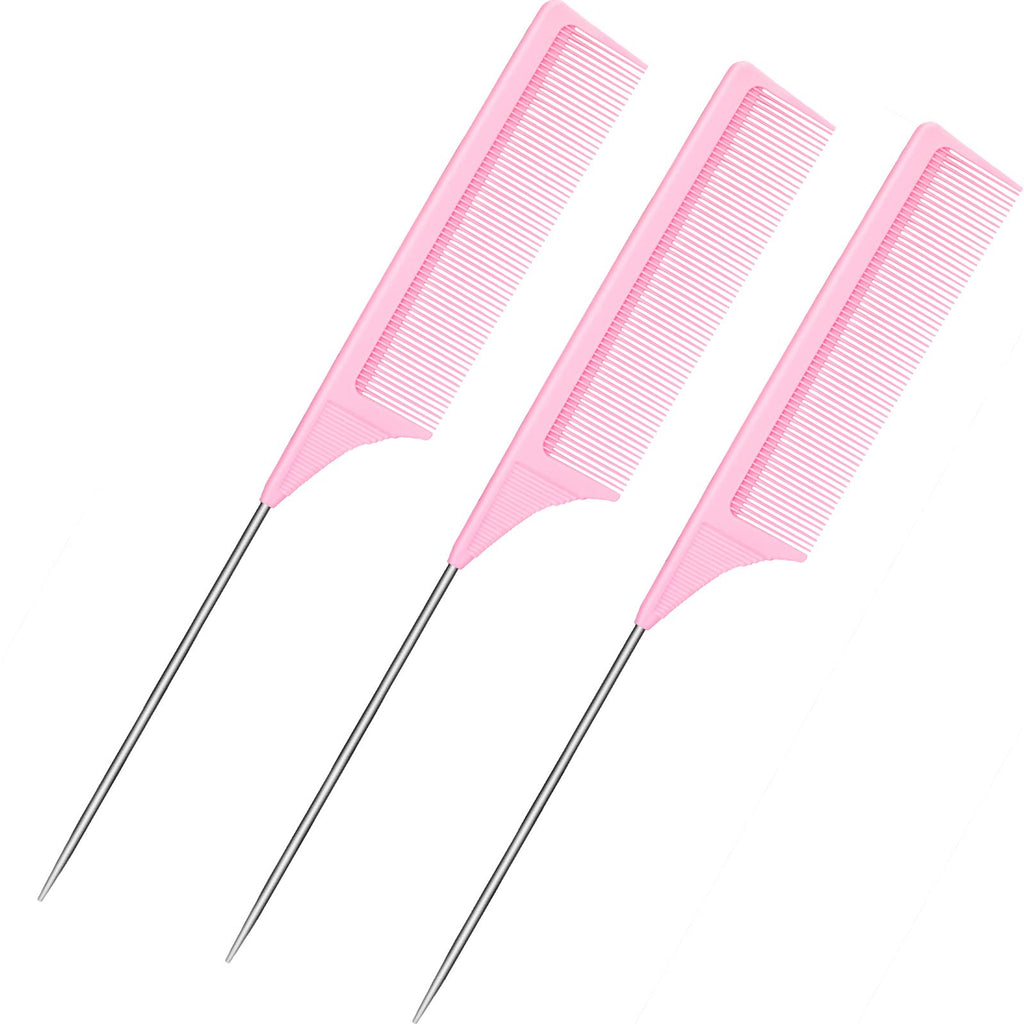 3 pakker rottehale kam stål nål rottehale kulfiber varmebestandige tease kamme med rustfrit stål rottehale (pink)