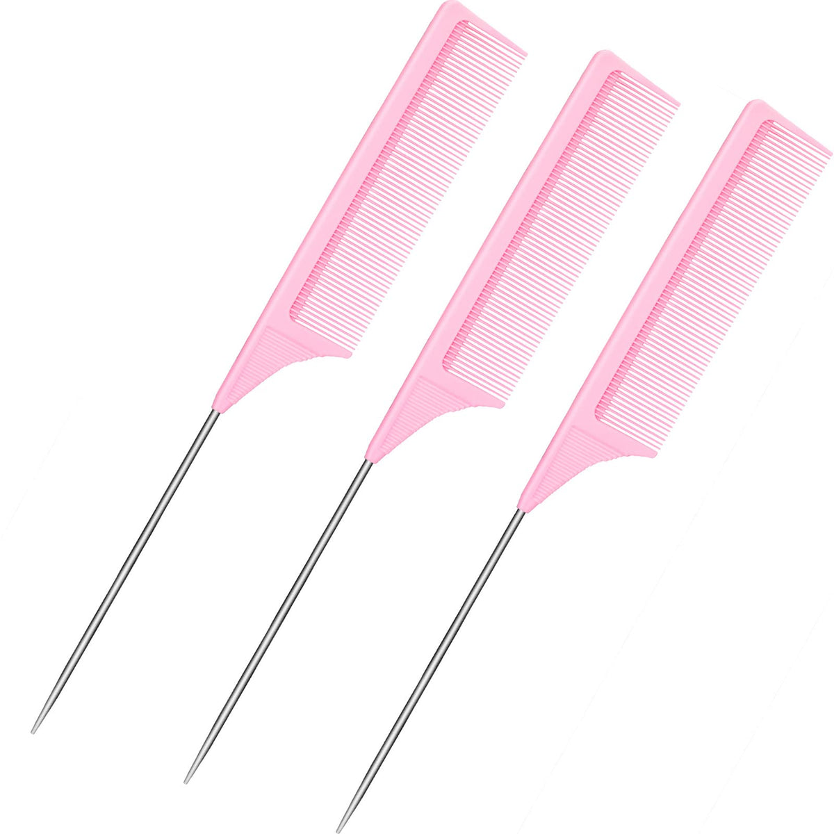 3 pakker rottehale kam stål nål rottehale kulfiber varmebestandige tease kamme med rustfrit stål rottehale (pink)