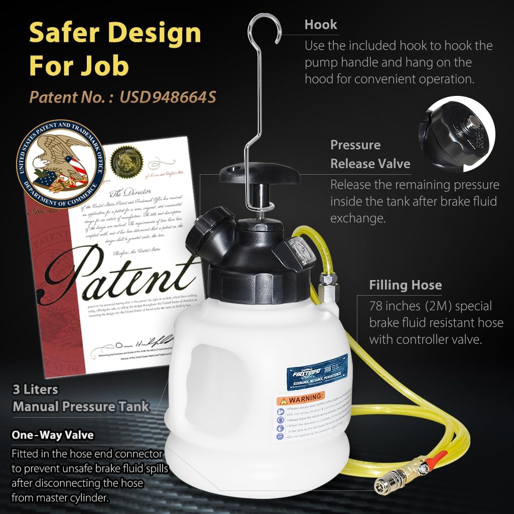 FIRSTINFO A1163HK3 3L Manual Pressure Brake Fluid Bleeder Kit w/ 11 Pcs Metal Master Cylinder Reservoir Adapters + Fluid Receiver Bottle, Extractor Pump, 3 Types of Couplers