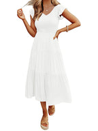 MEROKEETY Women's 2024 Summer Smocked V Neck Tiered Swing Long Midi Dress with Pockets, White, L