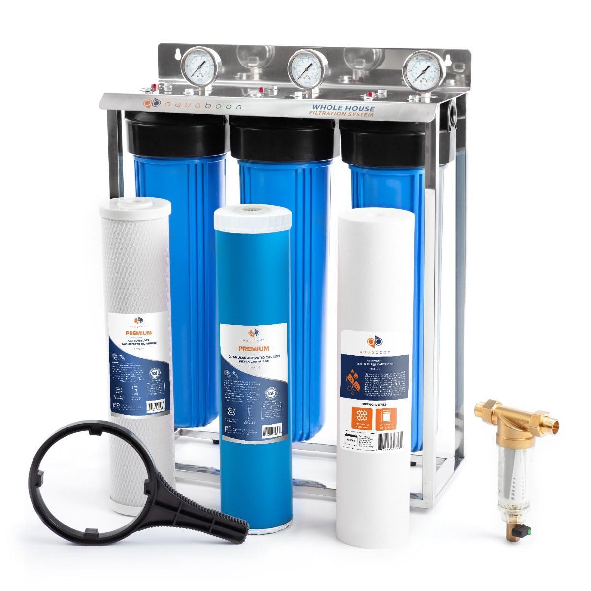 Aquaboon 3-Stage Whole House Water Filter System 20x4.5 inch with Prefilter & KDF, Sediment, Carbon Filters, Gauge & Release, Wrench, Freestanding Steel Frame