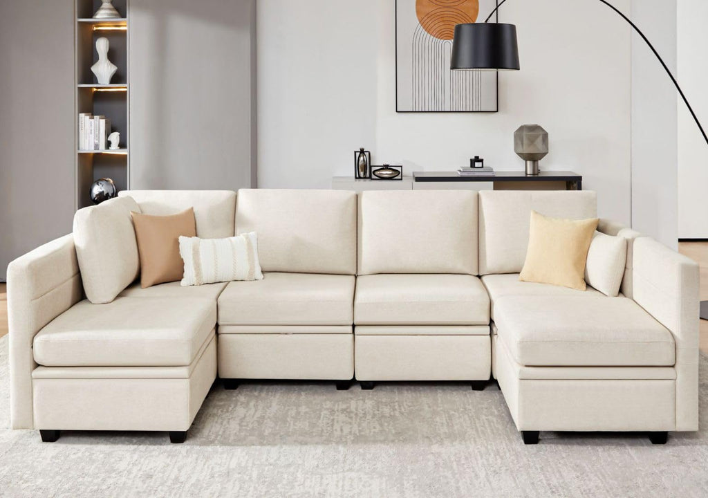 Modular Sectional Sofa with Storage, U Shaped Sectional Couch for Living Room, Convertible Modular Sofa Couch with Ottomans, High Supportive & Soft Sponge, 6 Seat, Beige