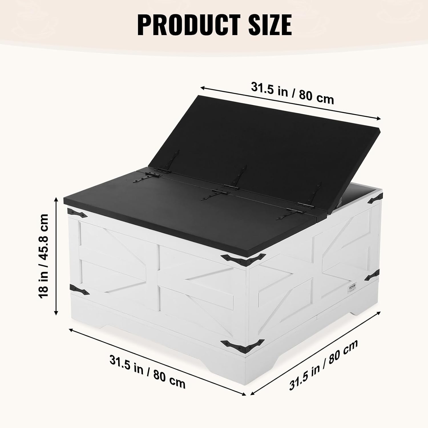 VEVOR 31.5" Farmhouse Coffee Table, Hinged Square Coffee Table with Large Storage Compartment, Wooden Rustic Cocktail Table for Living Room, Bedroom, Apartment, Studio, Black & White