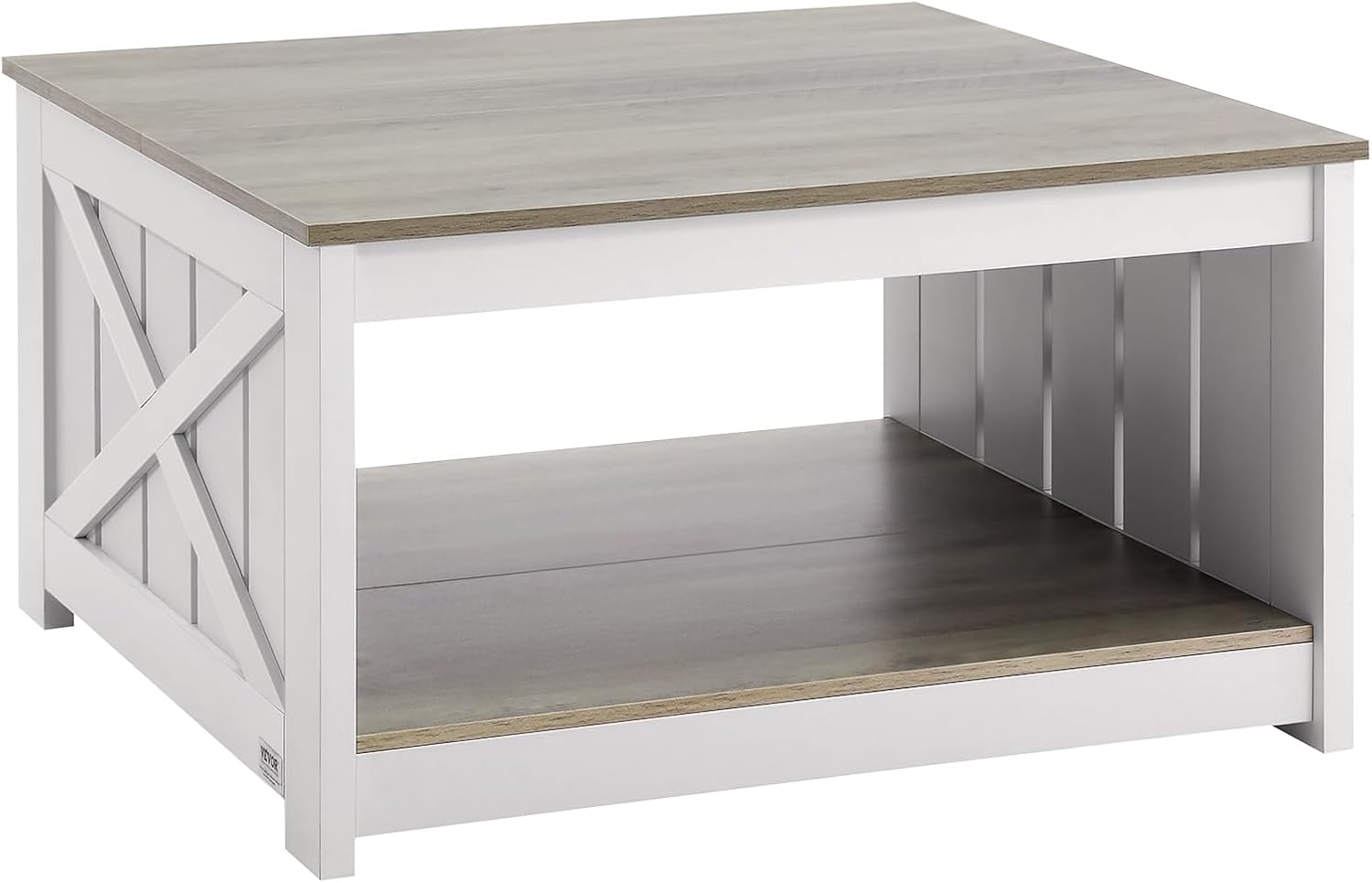 VEVOR 31.5" Farmhouse Coffee Table, Square Coffee Table with Open Storage Compartment, Wooden Rustic Cocktail Table for Living Room, Bedroom, Apartment, Studio, Grey & White