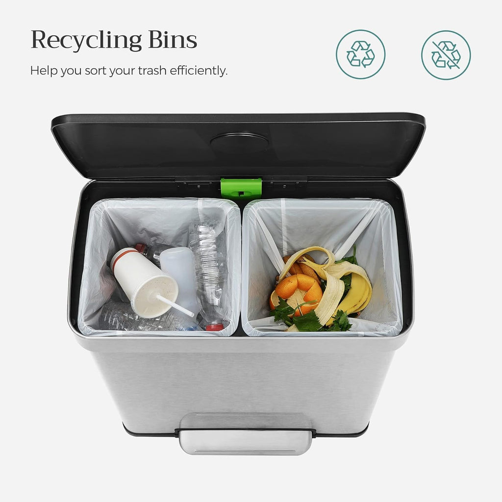 SONGMICS Kitchen Trash Can, 16 Gallon (2 x 8 Gallon) Dual Compartment Garbage Can, 60L Pedal Recycling Bin, Stays Open and Soft Close, Stainless Steel, 15 Bags Included, Metallic Silver ULTB202E01