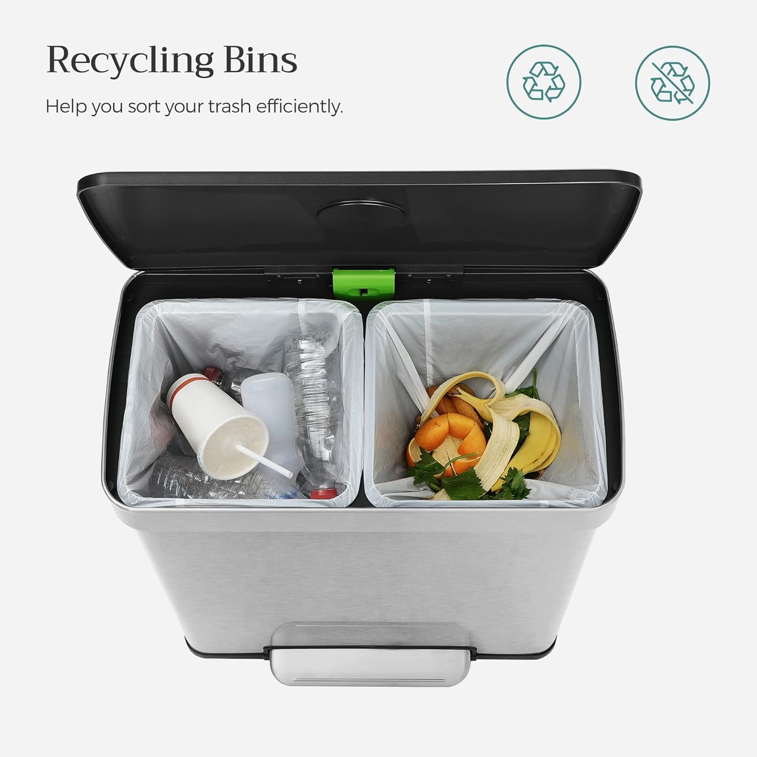 SONGMICS Kitchen Trash Can, 16 Gallon (2 x 8 Gallon) Dual Compartment Garbage Can, 60L Pedal Recycling Bin, Stays Open and Soft Close, Stainless Steel, 15 Bags Included, Metallic Silver ULTB202E01