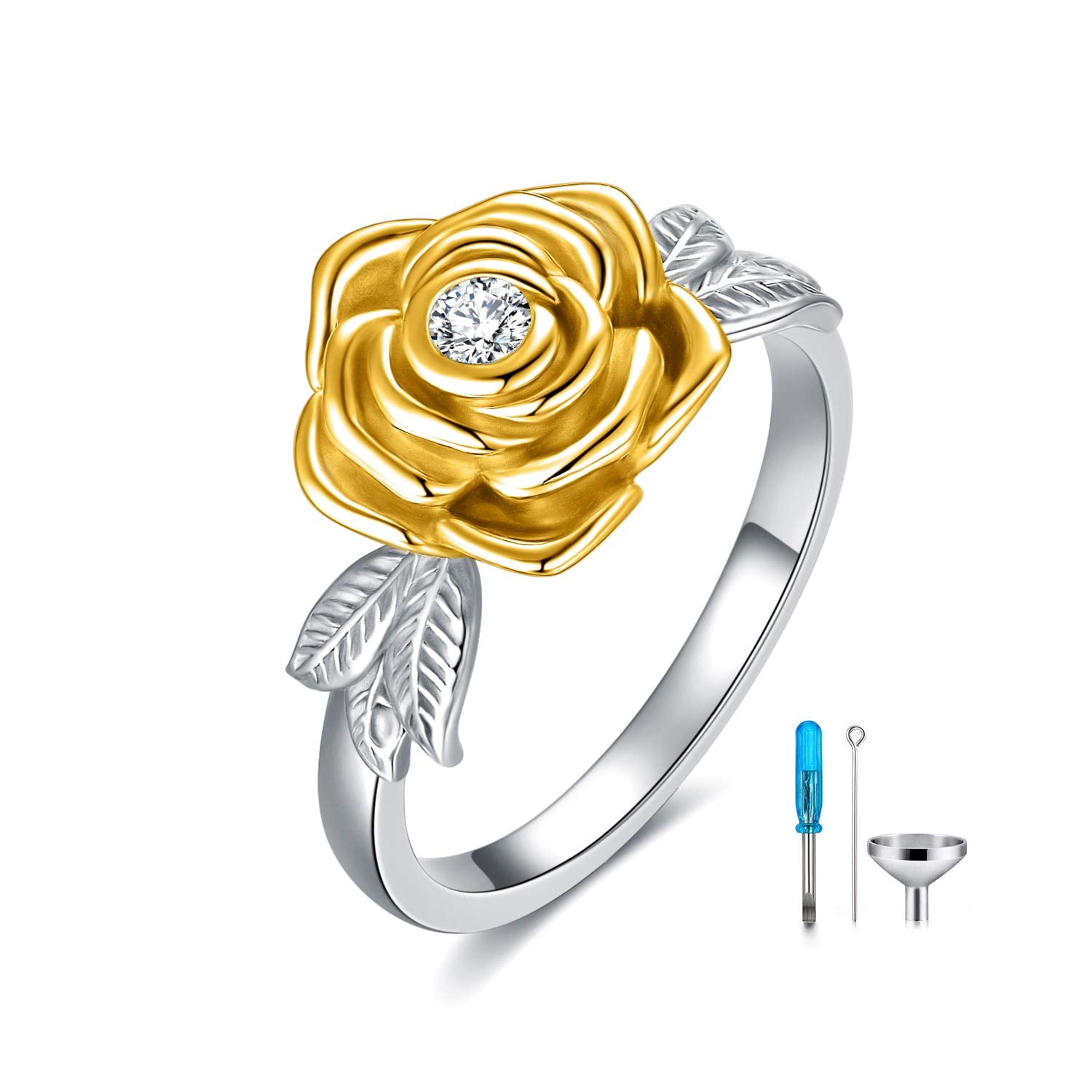 925 Sterling Silver Rose Flower Cremation Urn Ring Holds Loved Ones Ashes Cremation Keepsake Ring Jewelry Embellished with Crystals from Austria