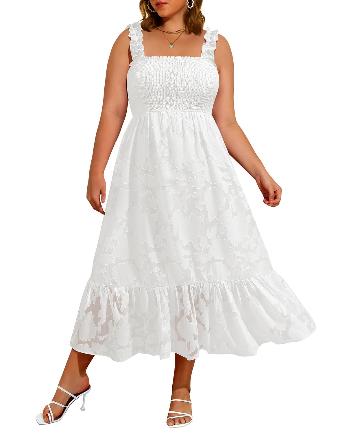 Women Plus Size Summer Maxi White Dress Floral Spaghetti Strap Casual Beach Smocked Sleeveless Long Flowy Sundress