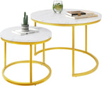 Round Nesting Coffee Tables Set: White Gold Marble Nesting Coffee Table Set of 2 - Modern Metal Stacking Side Table for Living Room Small Spaces