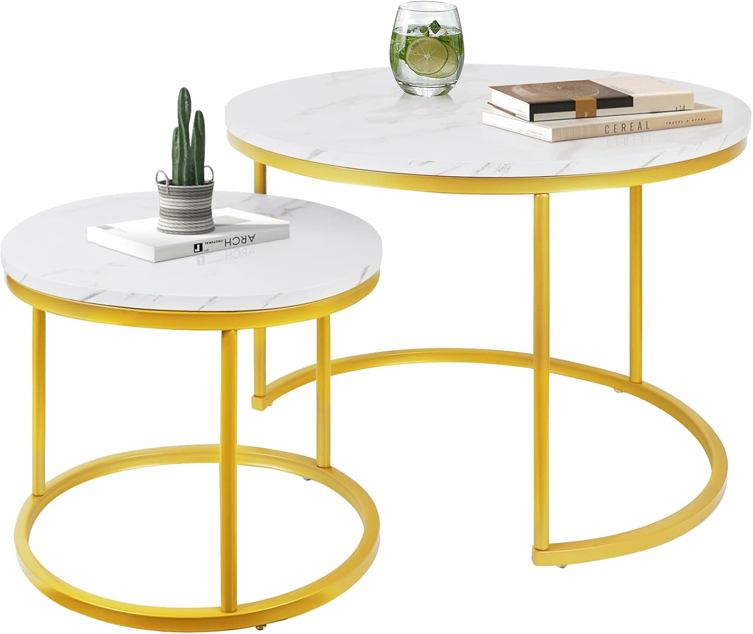 Round Nesting Coffee Tables Set: White Gold Marble Nesting Coffee Table Set of 2 - Modern Metal Stacking Side Table for Living Room Small Spaces