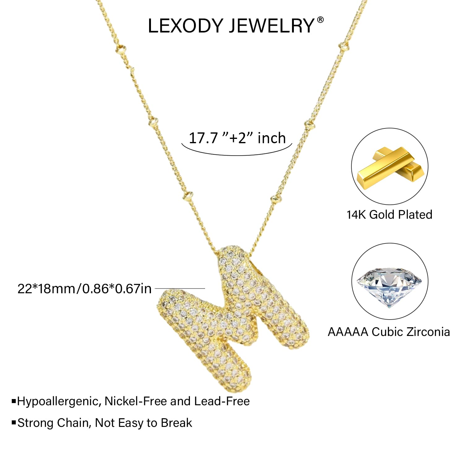 LEXODY Bubble Letter Necklace Gold for Women, Dainty 14K Gold A-Z Diamond Balloon Initial Necklaces Trendy Simple Chunky Cubic Zirconia Alphabet Necklace Waterproof Jewelry for Women Gifts