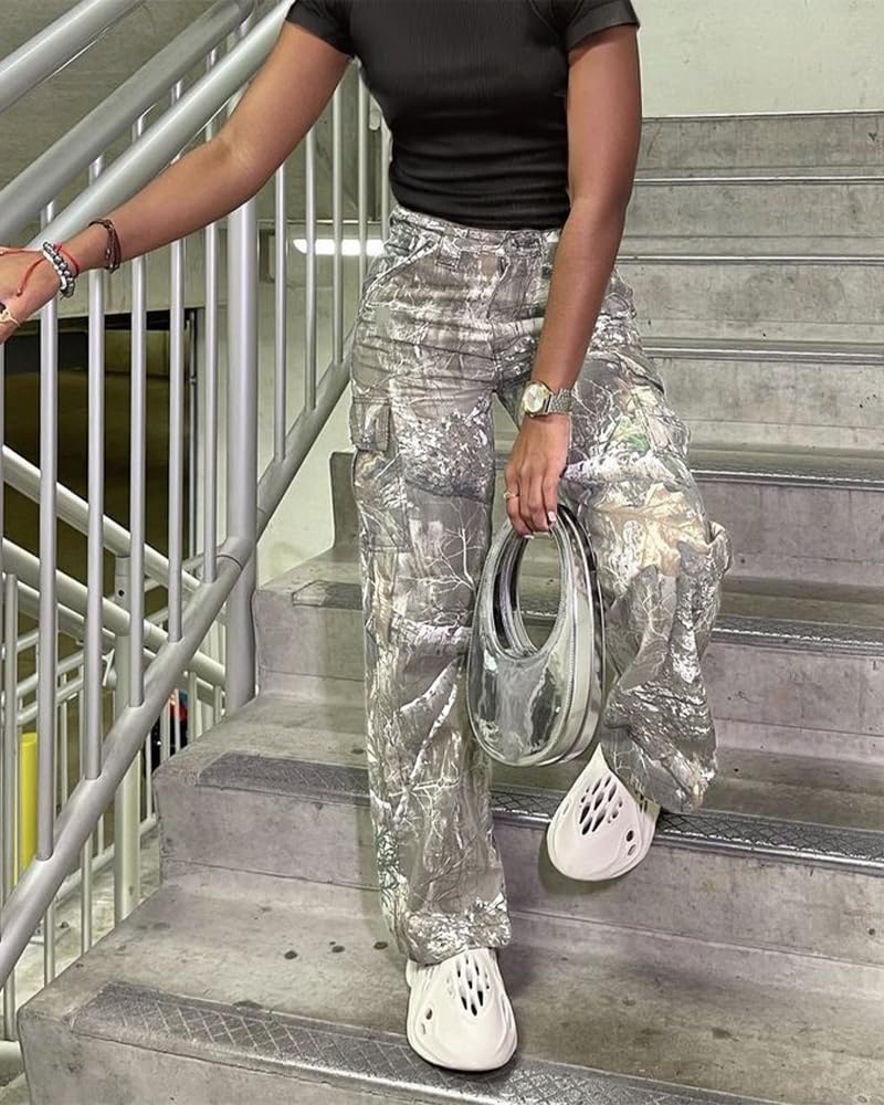 LaurelTree Camo Cargo Pants Straight Wide Leg Trousers Jeans Joggers Sweatpants with Pockets Stretch Fabric Women Men Camo 03 S