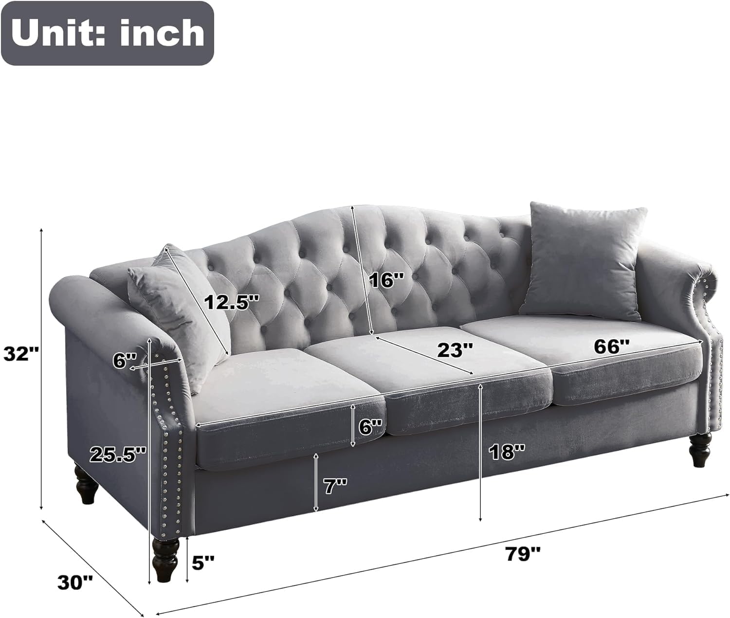 2 Piece Velvet Chesterfield Sofa,79" 3 Seater and 57" Loveseat Sofa Set,Button Tufted Nailhead Trimming Curved Backrest Rolled Arm (Grey, 79" 3 Seater and 57" Loveseat Velvet Sofa Sets)