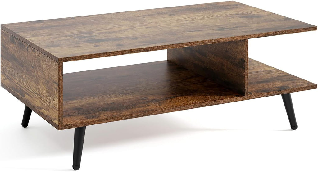 GOFLAME Wood Coffee Table, 2-Tier Mid Century Modern Center Table with 2 Open Storage Compartments & Metal Legs, Rectangular Accent Tea Tables for Living Room, Home Office, Apartment (Rustic Brown)