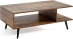 GOFLAME Wood Coffee Table, 2-Tier Mid Century Modern Center Table with 2 Open Storage Compartments & Metal Legs, Rectangular Accent Tea Tables for Living Room, Home Office, Apartment (Rustic Brown)