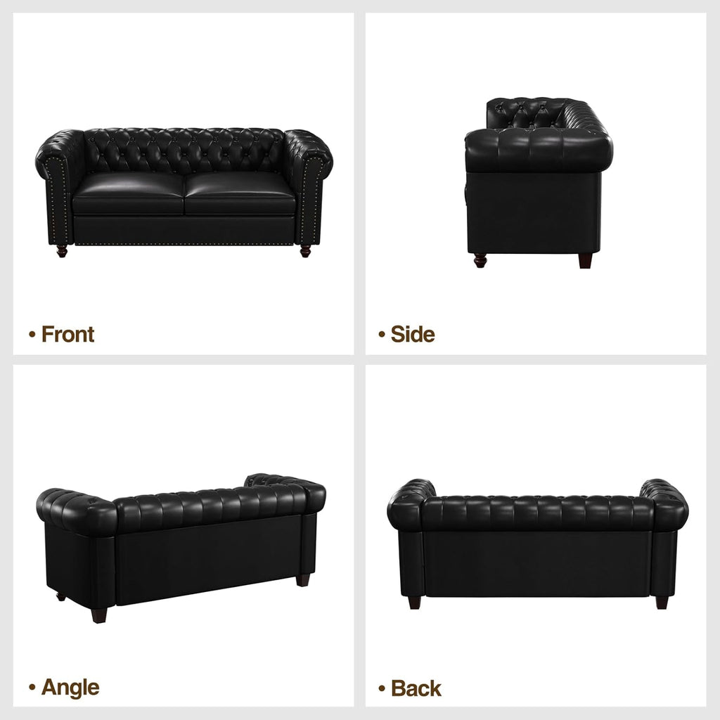 72 Inch Black Sofa, Chesterfield Faux Leather Couch with Wooden Legs, Tufted Leather Sofa with Rolled Arms, Mid Century Modern Couch with Rivets for Living Room, Apartment, Office